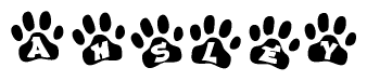 The image shows a row of animal paw prints, each containing a letter. The letters spell out the word Ahsley within the paw prints.