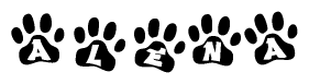The image shows a row of animal paw prints, each containing a letter. The letters spell out the word Alena within the paw prints.