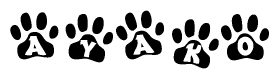 The image shows a series of animal paw prints arranged in a horizontal line. Each paw print contains a letter, and together they spell out the word Ayako.