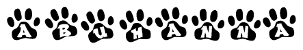 The image shows a row of animal paw prints, each containing a letter. The letters spell out the word Abuhanna within the paw prints.