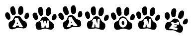 The image shows a series of animal paw prints arranged in a horizontal line. Each paw print contains a letter, and together they spell out the word Awanone.