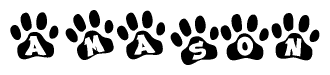 The image shows a row of animal paw prints, each containing a letter. The letters spell out the word Amason within the paw prints.