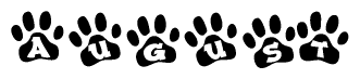 The image shows a series of animal paw prints arranged horizontally. Within each paw print, there's a letter; together they spell August