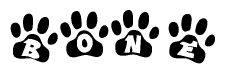The image shows a series of animal paw prints arranged horizontally. Within each paw print, there's a letter; together they spell Bone