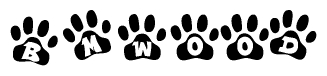 The image shows a series of animal paw prints arranged horizontally. Within each paw print, there's a letter; together they spell Bmwood