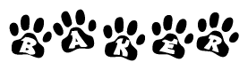The image shows a series of animal paw prints arranged horizontally. Within each paw print, there's a letter; together they spell Baker