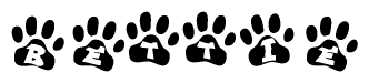The image shows a series of animal paw prints arranged horizontally. Within each paw print, there's a letter; together they spell Bettie