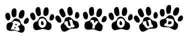 The image shows a row of animal paw prints, each containing a letter. The letters spell out the word Bouyoud within the paw prints.