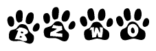 The image shows a series of animal paw prints arranged in a horizontal line. Each paw print contains a letter, and together they spell out the word Bzwo.