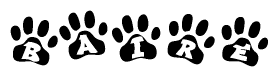 The image shows a row of animal paw prints, each containing a letter. The letters spell out the word Baire within the paw prints.