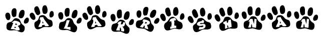 The image shows a series of animal paw prints arranged horizontally. Within each paw print, there's a letter; together they spell Balakrishnan