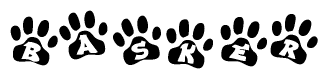 The image shows a series of animal paw prints arranged horizontally. Within each paw print, there's a letter; together they spell Basker