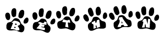 The image shows a series of animal paw prints arranged horizontally. Within each paw print, there's a letter; together they spell Bethan