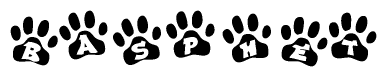 The image shows a series of animal paw prints arranged horizontally. Within each paw print, there's a letter; together they spell Basphet