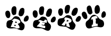 The image shows a series of animal paw prints arranged horizontally. Within each paw print, there's a letter; together they spell Beri