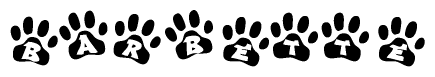 The image shows a series of animal paw prints arranged in a horizontal line. Each paw print contains a letter, and together they spell out the word Barbette.