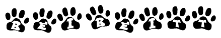 The image shows a series of animal paw prints arranged horizontally. Within each paw print, there's a letter; together they spell Beibeitt