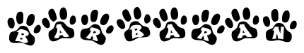 The image shows a series of animal paw prints arranged horizontally. Within each paw print, there's a letter; together they spell Barbaran