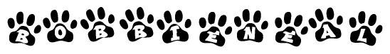 The image shows a series of animal paw prints arranged horizontally. Within each paw print, there's a letter; together they spell Bobbieneal