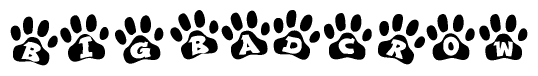 The image shows a series of animal paw prints arranged in a horizontal line. Each paw print contains a letter, and together they spell out the word Bigbadcrow.