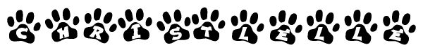 The image shows a series of animal paw prints arranged in a horizontal line. Each paw print contains a letter, and together they spell out the word Christlelle.