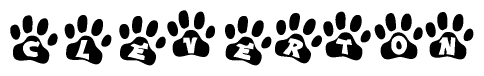 The image shows a series of animal paw prints arranged in a horizontal line. Each paw print contains a letter, and together they spell out the word Cleverton.