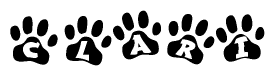The image shows a series of animal paw prints arranged in a horizontal line. Each paw print contains a letter, and together they spell out the word Clari.
