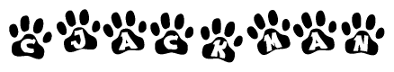 The image shows a series of animal paw prints arranged horizontally. Within each paw print, there's a letter; together they spell Cjackman