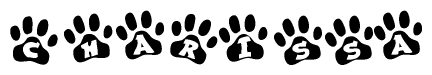 The image shows a row of animal paw prints, each containing a letter. The letters spell out the word Charissa within the paw prints.