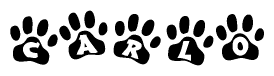 The image shows a series of animal paw prints arranged horizontally. Within each paw print, there's a letter; together they spell Carlo