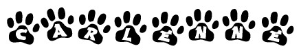 The image shows a series of animal paw prints arranged in a horizontal line. Each paw print contains a letter, and together they spell out the word Carlenne.