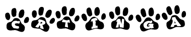 The image shows a series of animal paw prints arranged in a horizontal line. Each paw print contains a letter, and together they spell out the word Crtinga.