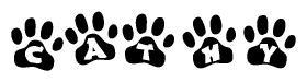 The image shows a row of animal paw prints, each containing a letter. The letters spell out the word Cathy within the paw prints.