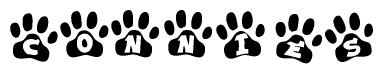 The image shows a series of animal paw prints arranged in a horizontal line. Each paw print contains a letter, and together they spell out the word Connies.