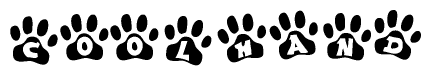 The image shows a row of animal paw prints, each containing a letter. The letters spell out the word Coolhand within the paw prints.
