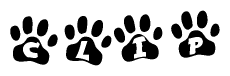 The image shows a series of animal paw prints arranged in a horizontal line. Each paw print contains a letter, and together they spell out the word Clip.