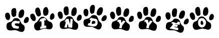 The image shows a series of animal paw prints arranged horizontally. Within each paw print, there's a letter; together they spell Cindyyeo
