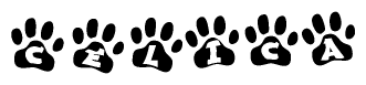 The image shows a series of animal paw prints arranged horizontally. Within each paw print, there's a letter; together they spell Celica