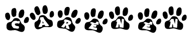 The image shows a series of animal paw prints arranged in a horizontal line. Each paw print contains a letter, and together they spell out the word Carenen.