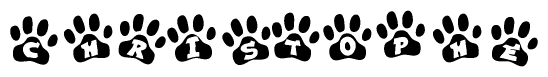 The image shows a series of animal paw prints arranged in a horizontal line. Each paw print contains a letter, and together they spell out the word Christophe.