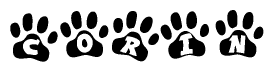 The image shows a series of animal paw prints arranged in a horizontal line. Each paw print contains a letter, and together they spell out the word Corin.