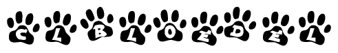 The image shows a row of animal paw prints, each containing a letter. The letters spell out the word Clbloedel within the paw prints.