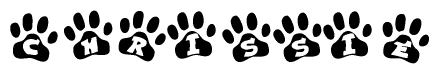 The image shows a row of animal paw prints, each containing a letter. The letters spell out the word Chrissie within the paw prints.