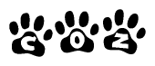 The image shows a row of animal paw prints, each containing a letter. The letters spell out the word Coz within the paw prints.