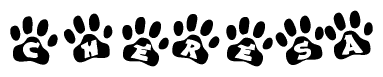 The image shows a row of animal paw prints, each containing a letter. The letters spell out the word Cheresa within the paw prints.