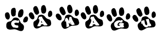 The image shows a series of animal paw prints arranged horizontally. Within each paw print, there's a letter; together they spell Camagu