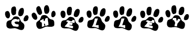 The image shows a row of animal paw prints, each containing a letter. The letters spell out the word Chelley within the paw prints.