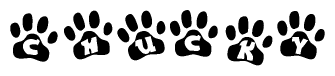 The image shows a series of animal paw prints arranged in a horizontal line. Each paw print contains a letter, and together they spell out the word Chucky.