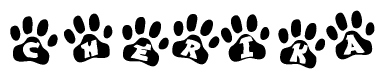 The image shows a series of animal paw prints arranged in a horizontal line. Each paw print contains a letter, and together they spell out the word Cherika.