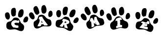 The image shows a row of animal paw prints, each containing a letter. The letters spell out the word Carmie within the paw prints.